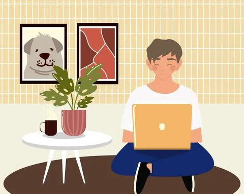 Young man using laptop working sitting on the room floor, work at home Stock Illustration