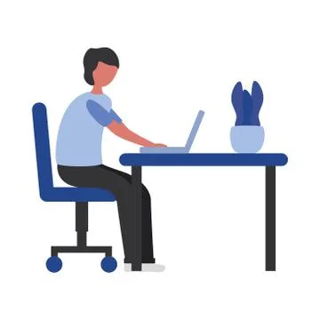 Young man using laptop in workplace connecting technology character イラスト素材