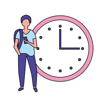 Young man using mobile clock time Illustrazione stock