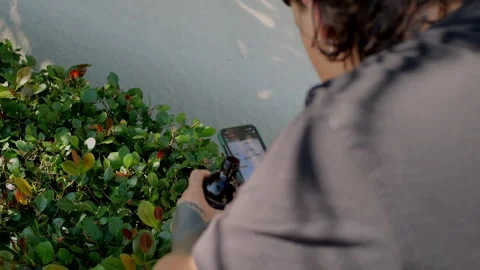 Young man using a mobile phone in the park. Tattooed person outdoors surfing... Stockbeeldmateriaal 323327864