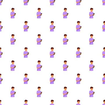 Young man using mobile phone seamless pattern Stock Illustration