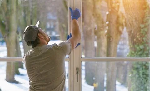 Young man is using a rag and squeegee while cleaning windows. Stock Photos