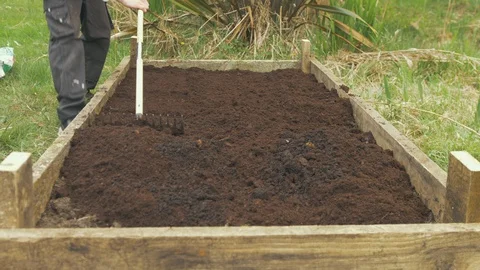 Young man using raking leveling compost soil in raised garden bed Stock Footage 128983591