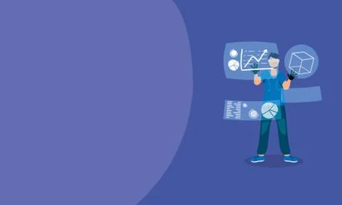 Young man using reality virtual tech in interactive display Stock Illustration