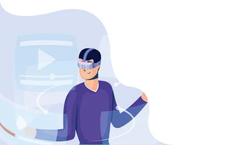 Young man using reality virtual tech in interactive display Stock Illustration