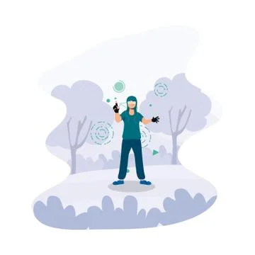 Young man using reality virtual tech in interactive display Stock Illustration