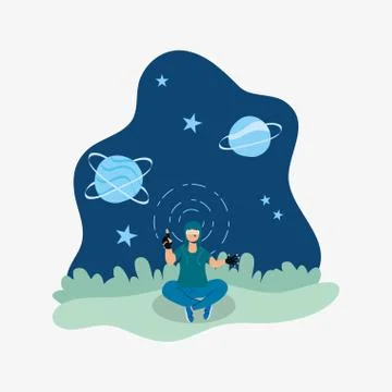 Young man using reality virtual tech in interactive display Stock Illustration