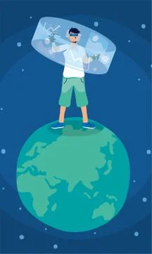 Young man using reality virtual tech in interactive display Stock Illustration