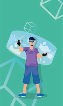 Young man using reality virtual tech in interactive display Illustrazione stock