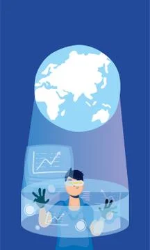 Young man using reality virtual tech in interactive display Stock Illustration