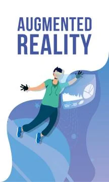 Young man using reality virtual tech in interactive display Illustrazione stock