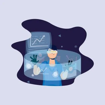 Young man using reality virtual tech in interactive display Stock Illustration