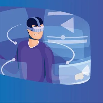 Young man using reality virtual tech in interactive display Stock Illustration