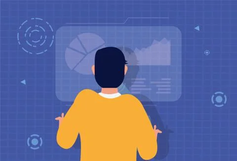 Young man using reality virtual tech in interactive display Illustrazione stock