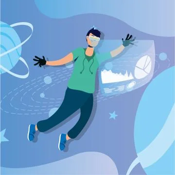 Young man using reality virtual tech in interactive display Illustrazione stock