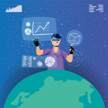 Young man using reality virtual tech in interactive display Illustrazione stock