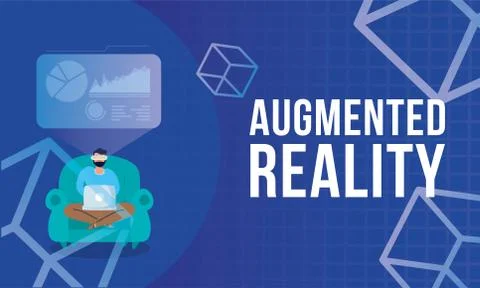 Young man using reality virtual tech in laptop Illustrazione stock