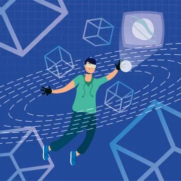 Young man using reality virtual tech in interactive display Illustrazione stock