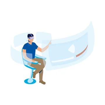 Young man using reality virtual tech in chair with interactive display Stock Illustration