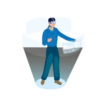 Young man using reality virtual tech in interactive display Stock Illustration