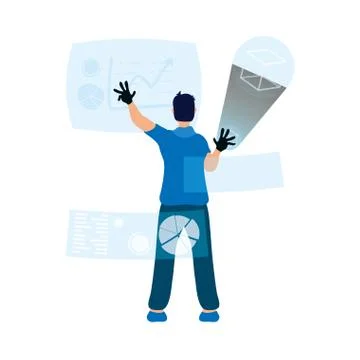 Young man using reality virtual tech in interactive display Stock Illustration