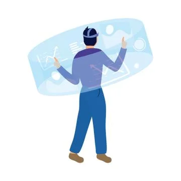 Young man using reality virtual tech in interactive display Stock Illustration