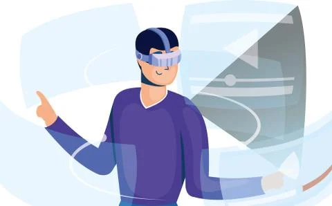 Young man using reality virtual tech in interactive display Stock Illustration