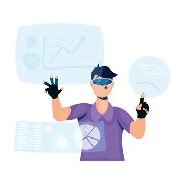 Young man using reality virtual tech in interactive display Stock Illustration