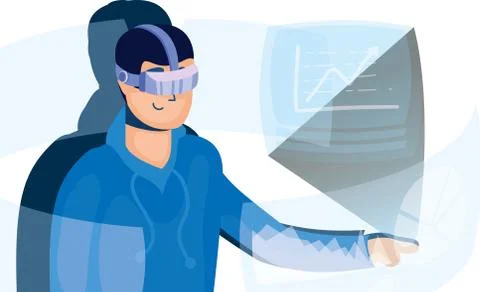 Young man using reality virtual tech in interactive display Stock Illustration