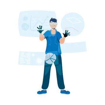 Young man using reality virtual tech in interactive display Illustrazione stock