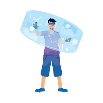 Young man using reality virtual tech in interactive display Stock Illustration