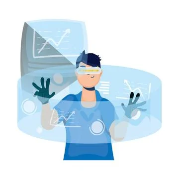 Young man using reality virtual tech in interactive display Stock Illustration