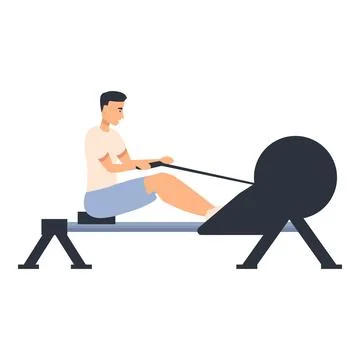 Young man using rowing machine doing fitness exercise Stock Illustration