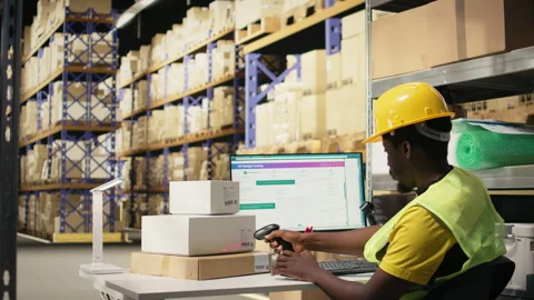 Young man using scanner on barcodes and applying tags in distribution hub Stock Footage 315713846