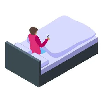 Young man is using smartphone in bed, enjoying his leisure time Illustrazione stock