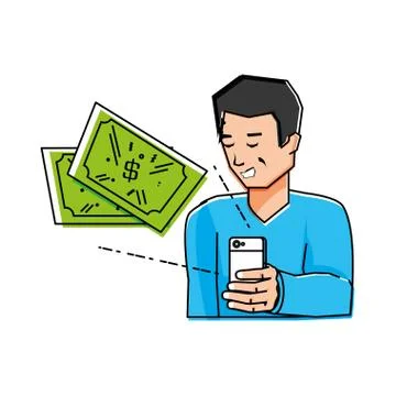 Young man using smartphone with bills Stockillustratie