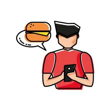 Young man using smartphone buying burger Illustrazione stock