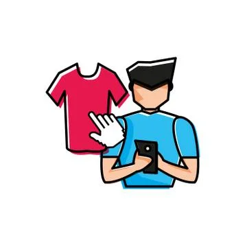 Young man using smartphone buying shirt イラスト素材