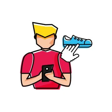 Young man using smartphone buying shoes 스톡 일러스트