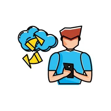 Young man using smartphone with cloud computing Stock Illustration
