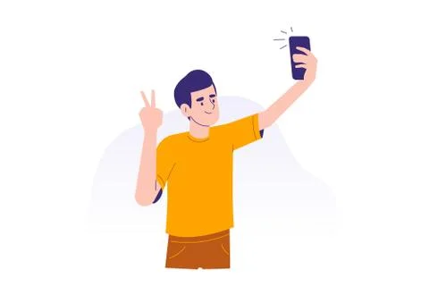 Young man using smartphone to communicate. Happy teen boy taking selfie with  Stock Illustration