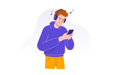 Young man using smartphone to communicate. Happy teen boy wearing headphones  Stock Illustration