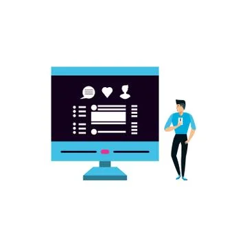 Young man using smartphone with desktop Stock Illustration