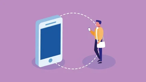 Young man using smartphone with large isometric cell phone icon dynamic ani.. Video stock 334267719