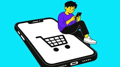 Young man using smartphone on large mobile phone screen with shopping cart ic Stock Illustration