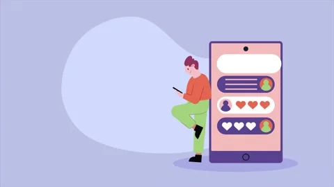 Young man using smartphone leaning against large mobile device with social .. Stock-Footage 338398531