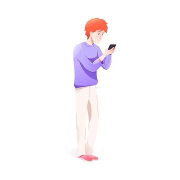 Young Man Using Smartphone as Mobile Device Vector Illustration Illustrazione stock