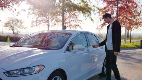 Young man using smartphone near white car parked outdoors, surrounded by trees Stock Footage 315532067