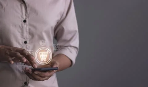 Young Man Using Smartphone For Online shopping, Mobile payment, Online paym.. Stock Photos