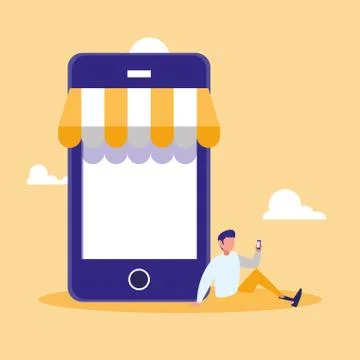 Young man using smartphone with parasol Illustration